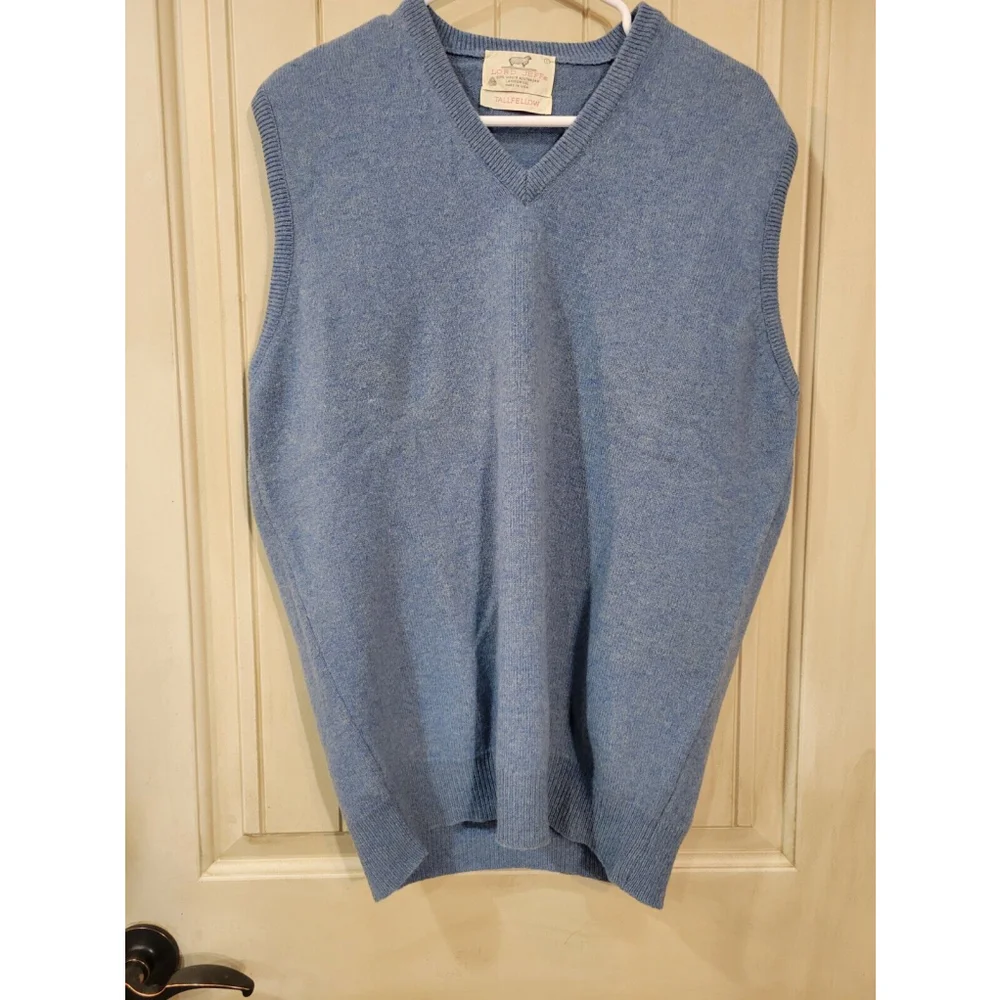 Vintage Lord Jeff Mens 70s 100% Lambswool Sweater Vest Sz L Made In USA Blue